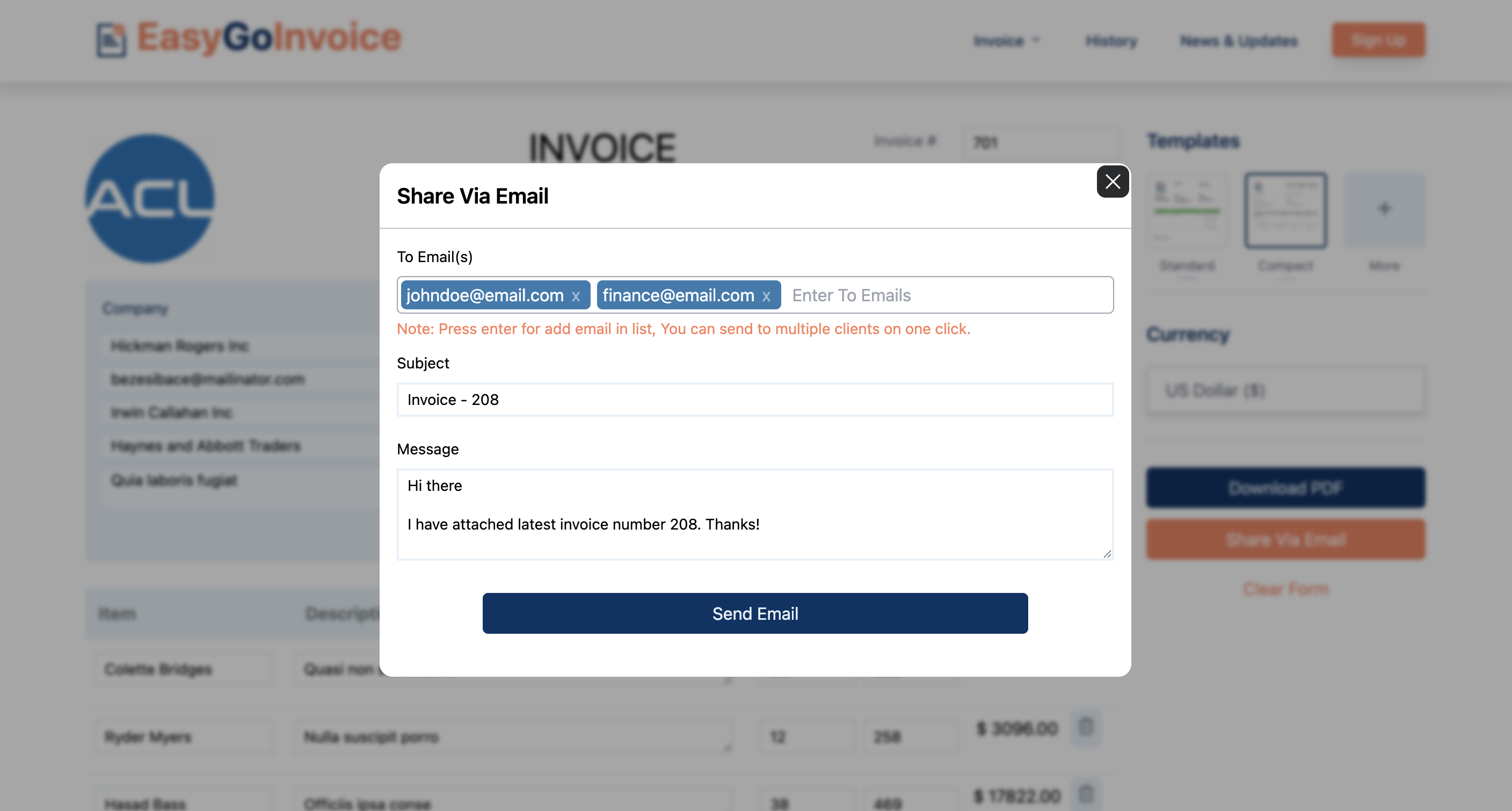 Send Invoice Email Feature